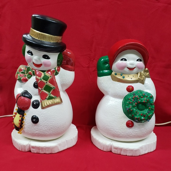 Vintage Set of Snowman and Snowlady With Lighted  Base - Picture 2 of 6